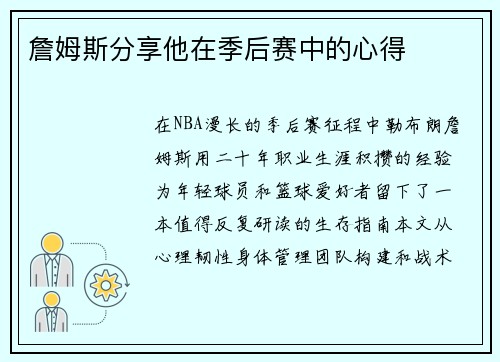 詹姆斯分享他在季后赛中的心得